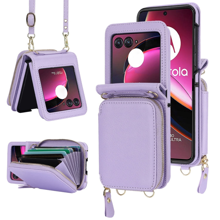 For Motorola Razr 40 Ultra Long and Short Lanyard Zipper Card Slot Foldable Phone Case(Purple) by buy2fix