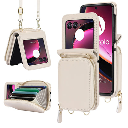 For Motorola Razr 40 Ultra Long and Short Lanyard Zipper Card Slot Foldable Phone Case(Beige) by buy2fix