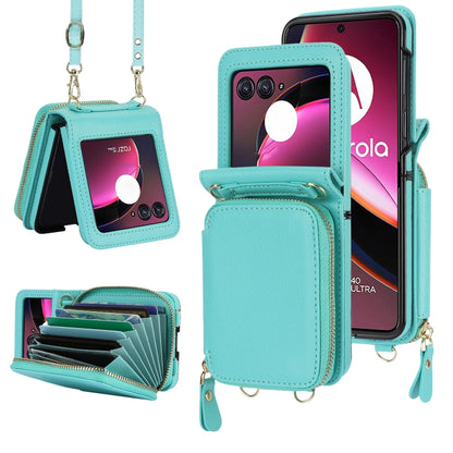 For Motorola Razr 40 Ultra Long and Short Lanyard Zipper Card Slot Foldable Phone Case(Mint Green) - Motorola Cases by buy2fix | Online Shopping UK | buy2fix