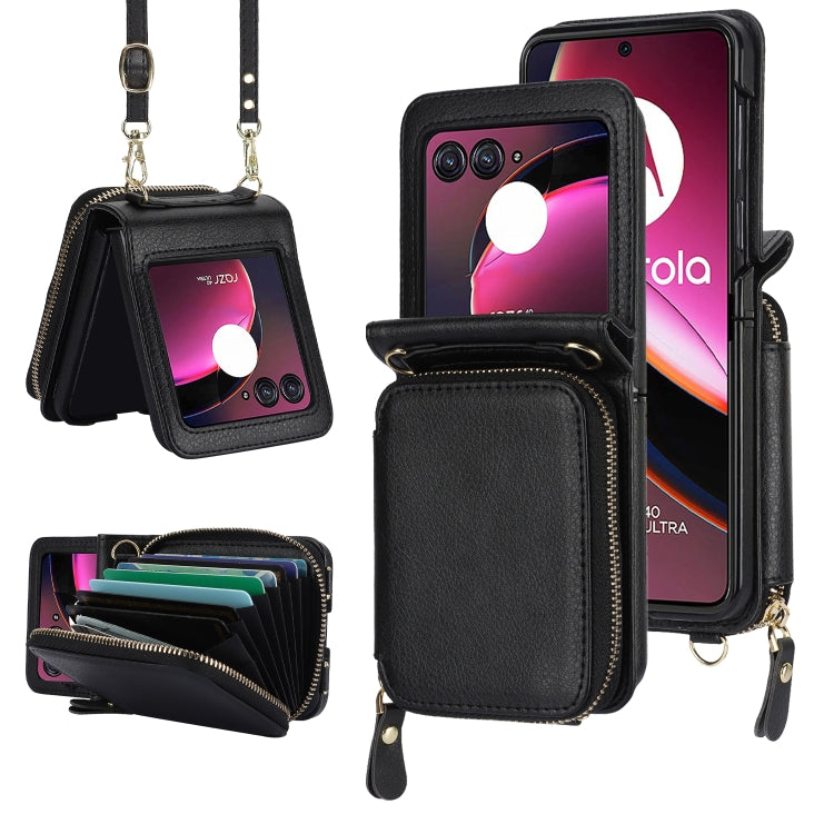 For Motorola Razr 40 Ultra Long and Short Lanyard Zipper Card Slot Foldable Phone Case(Black) by buy2fix