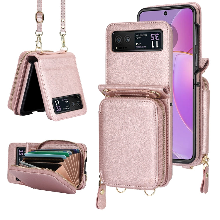 For Motorola Razr 40 Long and Short Lanyard Zipper Card Slot Foldable Phone Case(Pink) by buy2fix