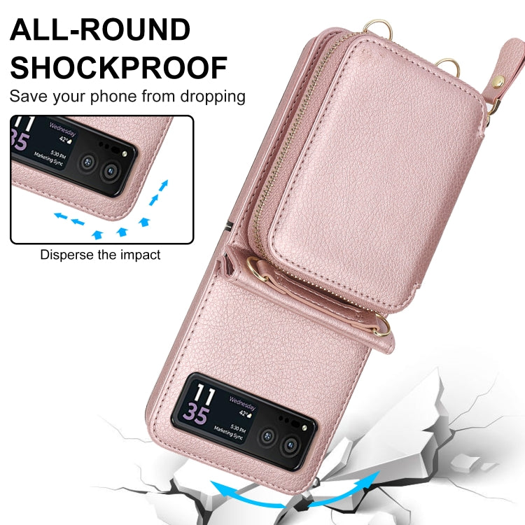 For Motorola Razr 40 Long and Short Lanyard Zipper Card Slot Foldable Phone Case(Pink) by buy2fix