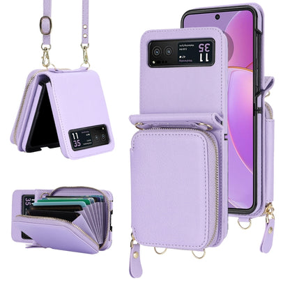 For Motorola Razr 40 Long and Short Lanyard Zipper Card Slot Foldable Phone Case(Purple) - Motorola Cases by buy2fix | Online Shopping UK | buy2fix