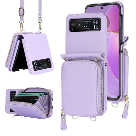 For Motorola Razr 40 Long and Short Lanyard Zipper Card Slot Foldable Phone Case(Purple) - Motorola Cases by buy2fix | Online Shopping UK | buy2fix