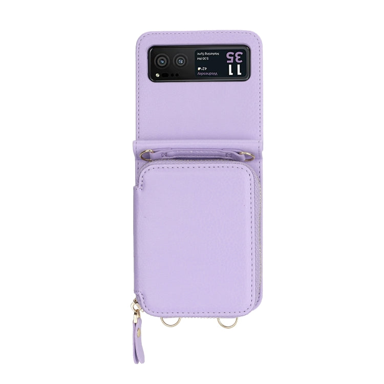 For Motorola Razr 40 Long and Short Lanyard Zipper Card Slot Foldable Phone Case(Purple) - Motorola Cases by buy2fix | Online Shopping UK | buy2fix