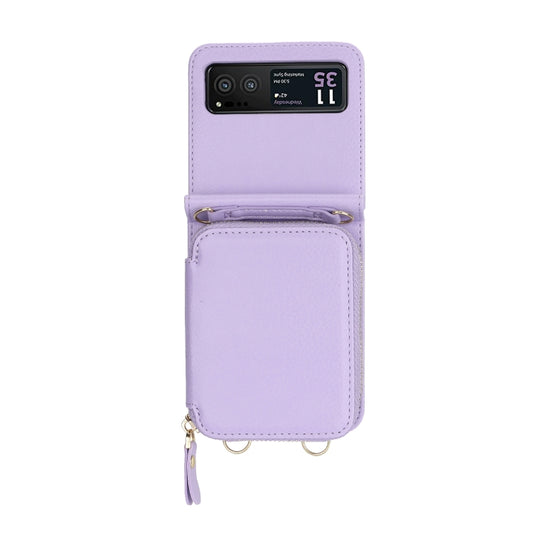 For Motorola Razr 40 Long and Short Lanyard Zipper Card Slot Foldable Phone Case(Purple) - Motorola Cases by buy2fix | Online Shopping UK | buy2fix