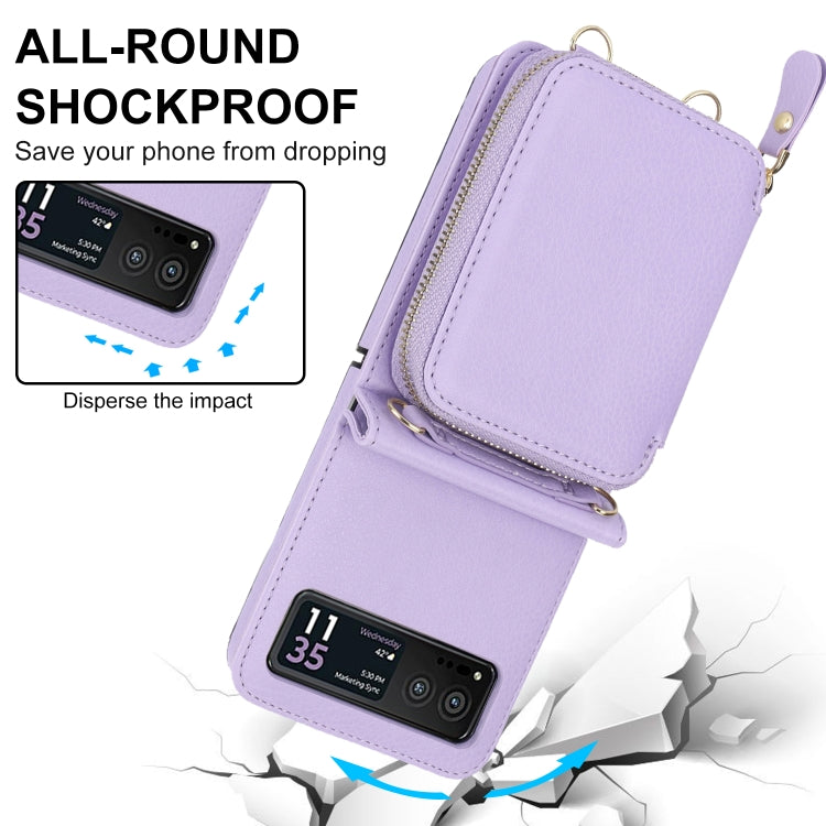 For Motorola Razr 40 Long and Short Lanyard Zipper Card Slot Foldable Phone Case(Purple) - Motorola Cases by buy2fix | Online Shopping UK | buy2fix