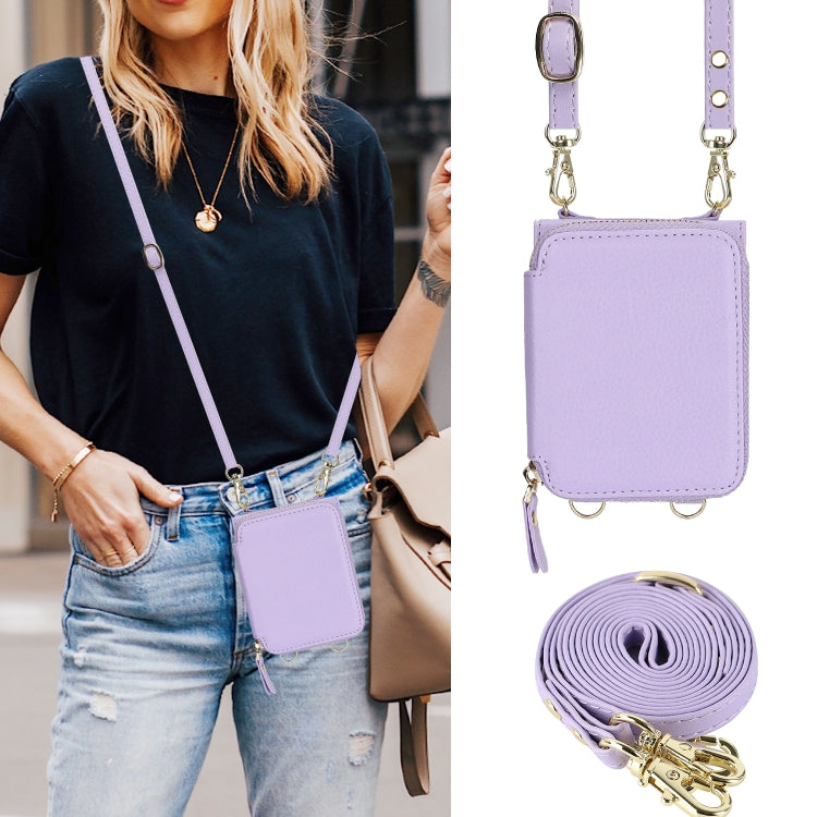 For Motorola Razr 40 Long and Short Lanyard Zipper Card Slot Foldable Phone Case(Purple) - Motorola Cases by buy2fix | Online Shopping UK | buy2fix