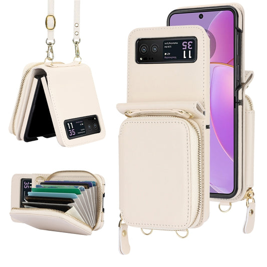 For Motorola Razr 40 Long and Short Lanyard Zipper Card Slot Foldable Phone Case(Beige) - Motorola Cases by buy2fix | Online Shopping UK | buy2fix