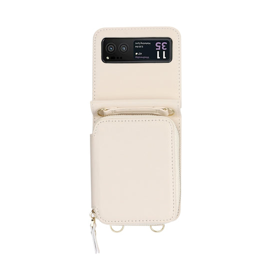 For Motorola Razr 40 Long and Short Lanyard Zipper Card Slot Foldable Phone Case(Beige) - Motorola Cases by buy2fix | Online Shopping UK | buy2fix