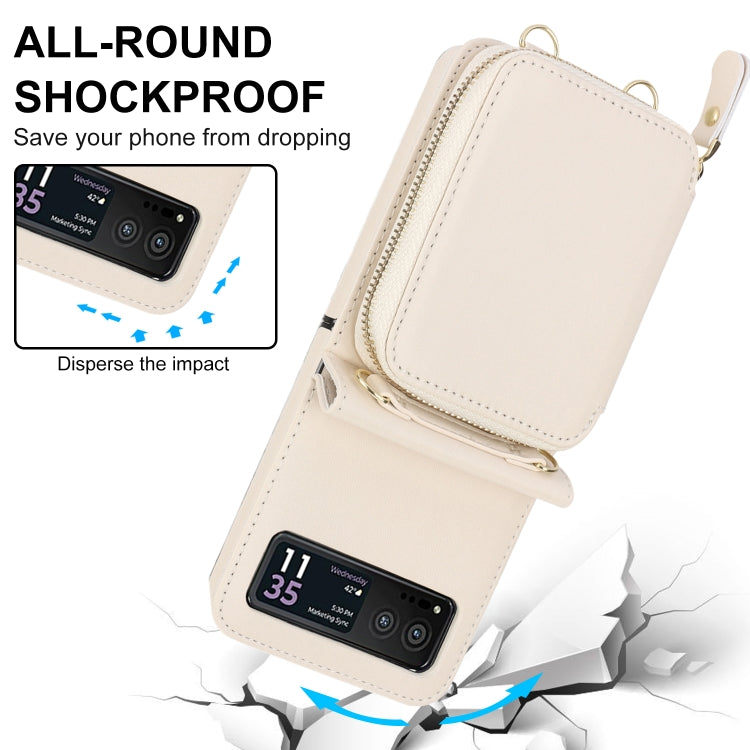 For Motorola Razr 40 Long and Short Lanyard Zipper Card Slot Foldable Phone Case(Beige) - Motorola Cases by buy2fix | Online Shopping UK | buy2fix