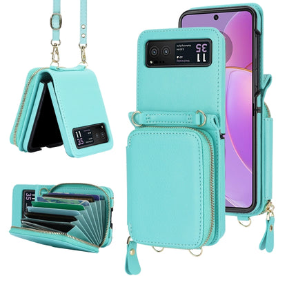 For Motorola Razr 40 Long and Short Lanyard Zipper Card Slot Foldable Phone Case(Mint Green) - Motorola Cases by buy2fix | Online Shopping UK | buy2fix