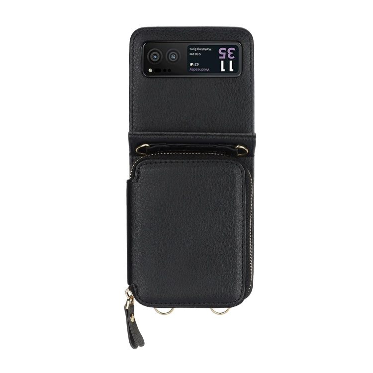 For Motorola Razr 40 Long and Short Lanyard Zipper Card Slot Foldable Phone Case(Black) by buy2fix