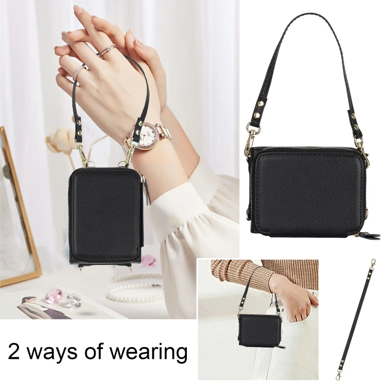 For Motorola Razr 40 Long and Short Lanyard Zipper Card Slot Foldable Phone Case(Black) by buy2fix