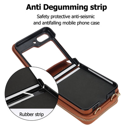 For Samsung Galaxy Z Flip5 Long and Short Lanyard Zipper Card Slot Foldable Phone Case(Brown) - Galaxy Z Flip5 Cases by buy2fix | Online Shopping UK | buy2fix
