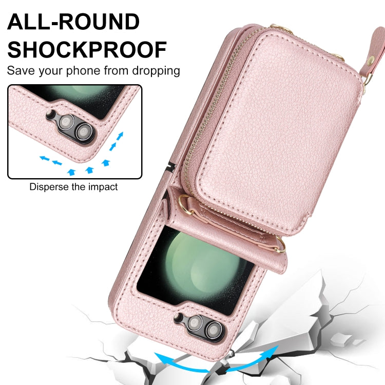 For Samsung Galaxy Z Flip5 Long and Short Lanyard Zipper Card Slot Foldable Phone Case(Pink) - Galaxy Z Flip5 Cases by buy2fix | Online Shopping UK | buy2fix