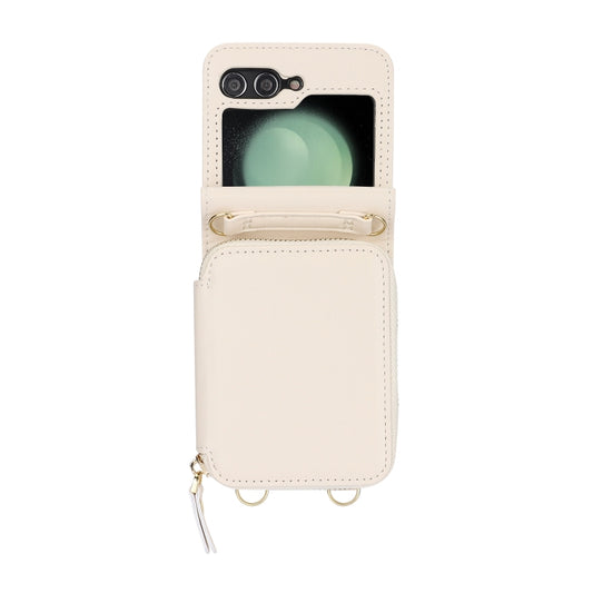 For Samsung Galaxy Z Flip5 Long and Short Lanyard Zipper Card Slot Foldable Phone Case(Beige) - Galaxy Z Flip5 Cases by buy2fix | Online Shopping UK | buy2fix