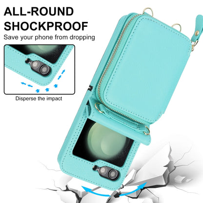 For Samsung Galaxy Z Flip5 Long and Short Lanyard Zipper Card Slot Foldable Phone Case(Mint Green) - Galaxy Z Flip5 Cases by buy2fix | Online Shopping UK | buy2fix