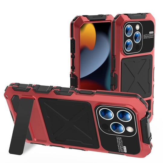 For iPhone 15 Pro R-JUST Metal + Silicone + Tempered Glass Life Waterproof Phone Case with Holder(Red)