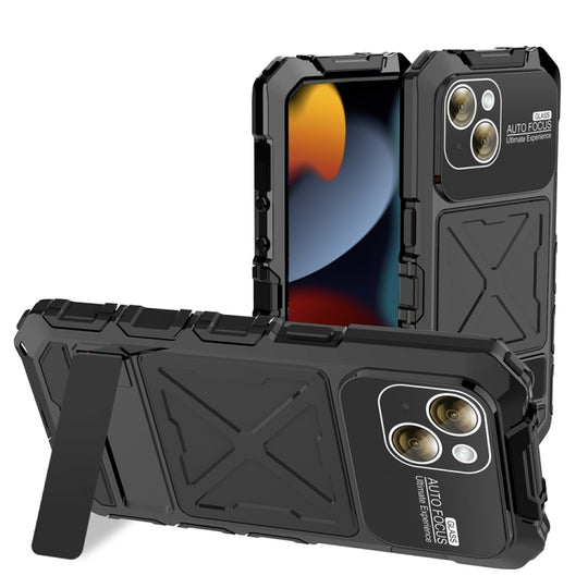 For iPhone 15 Plus R-JUST Metal + Silicone + Tempered Glass Life Waterproof Phone Case with Holder(Black)