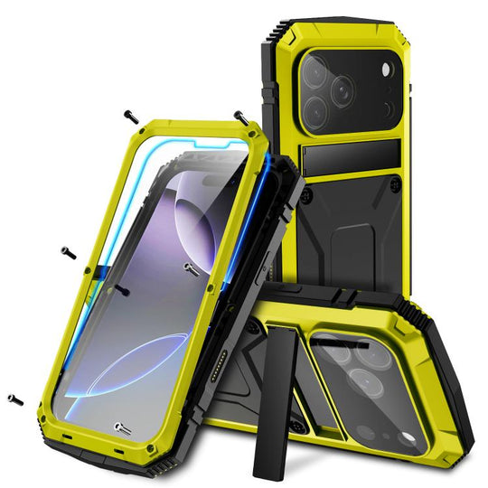 For iPhone 17 Pro Max R-JUST Metal + Silicone + Tempered Glass Life Waterproof Phone Case with Holder(Yellow)