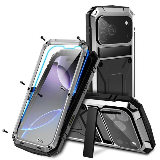 For iPhone 17 Pro Max R-JUST Metal + Silicone + Tempered Glass Life Waterproof Phone Case with Holder(Silver)