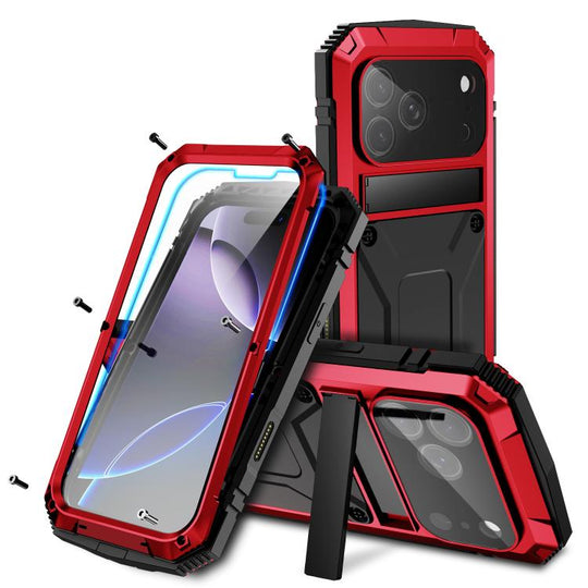 For iPhone 17 Pro R-JUST Metal + Silicone + Tempered Glass Life Waterproof Phone Case with Holder(Red)
