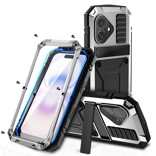For iPhone 17 R-JUST Metal + Silicone + Tempered Glass Life Waterproof Phone Case with Holder(Silver)