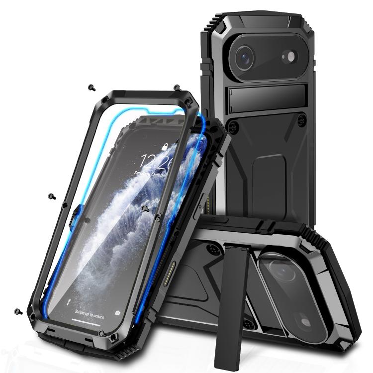 For iPhone Air R-JUST Metal + Silicone + Tempered Glass Life Waterproof Phone Case with Holder(Black) - iPhone Air Cases by R-JUST | Online Shopping UK | buy2fix