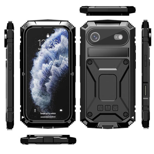 For iPhone Air R-JUST Metal + Silicone + Tempered Glass Life Waterproof Phone Case with Holder(Black) - iPhone Air Cases by R-JUST | Online Shopping UK | buy2fix