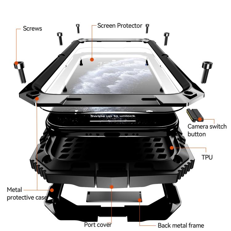 For iPhone Air R-JUST Metal + Silicone + Tempered Glass Life Waterproof Phone Case with Holder(Black) - iPhone Air Cases by R-JUST | Online Shopping UK | buy2fix