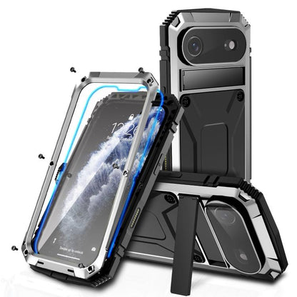 For iPhone Air R-JUST Metal + Silicone + Tempered Glass Life Waterproof Phone Case with Holder(Silver) - iPhone Air Cases by R-JUST | Online Shopping UK | buy2fix