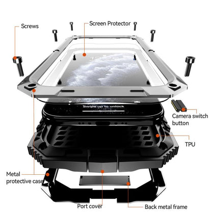 For iPhone Air R-JUST Metal + Silicone + Tempered Glass Life Waterproof Phone Case with Holder(Silver) - iPhone Air Cases by R-JUST | Online Shopping UK | buy2fix