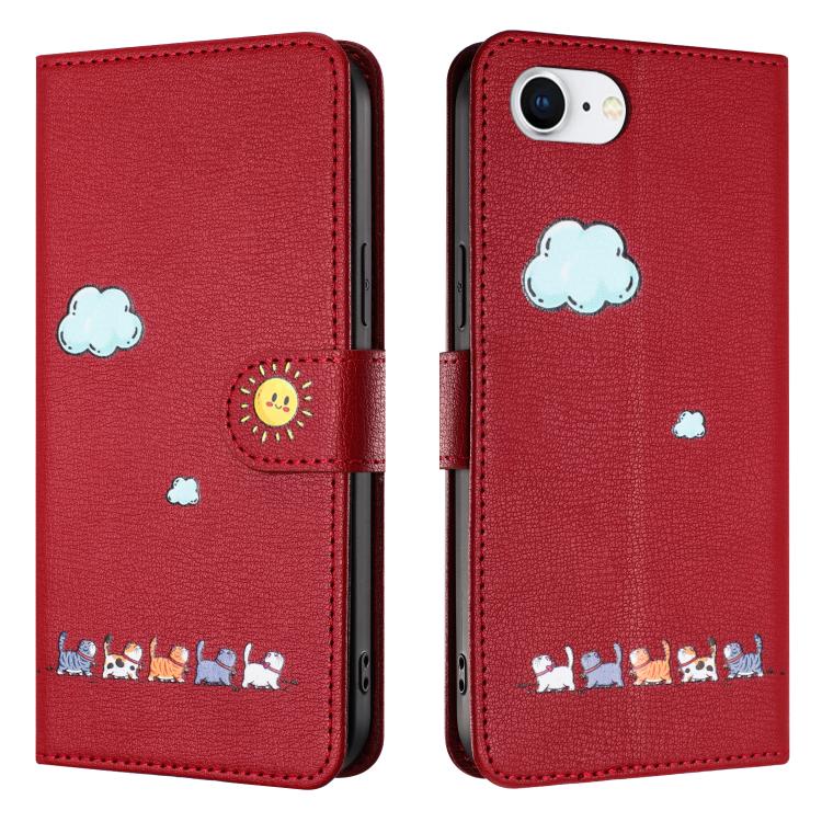 For iPhone 16e Cartoon Cats Leather Phone Case(Red) - iPhone 16e Cases by buy2fix | Online Shopping UK | buy2fix