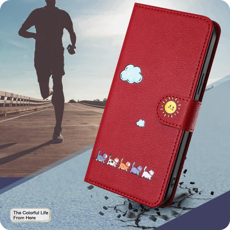 For iPhone 16e Cartoon Cats Leather Phone Case(Red) - iPhone 16e Cases by buy2fix | Online Shopping UK | buy2fix