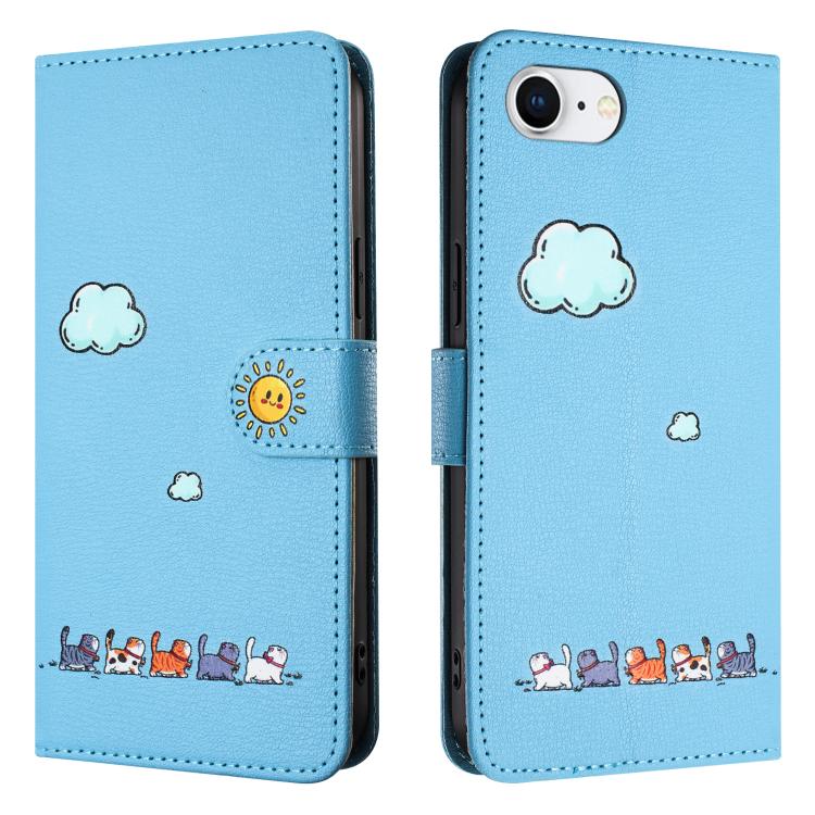 For iPhone 16e Cartoon Cats Leather Phone Case(Blue) - iPhone 16e Cases by buy2fix | Online Shopping UK | buy2fix