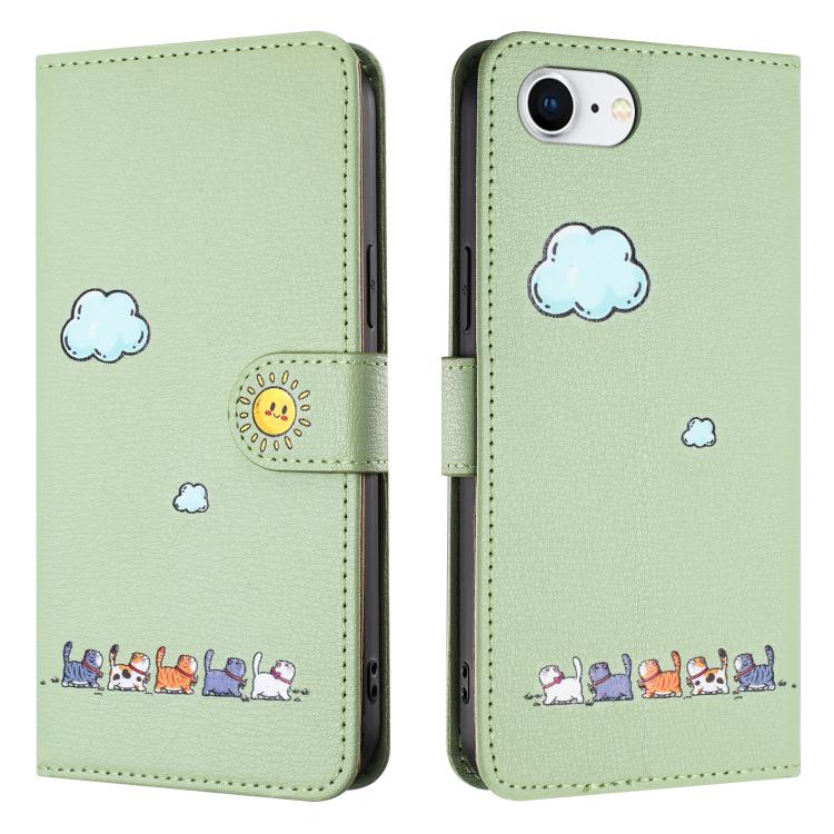 For iPhone 16e Cartoon Cats Leather Phone Case(Green) - iPhone 16e Cases by buy2fix | Online Shopping UK | buy2fix