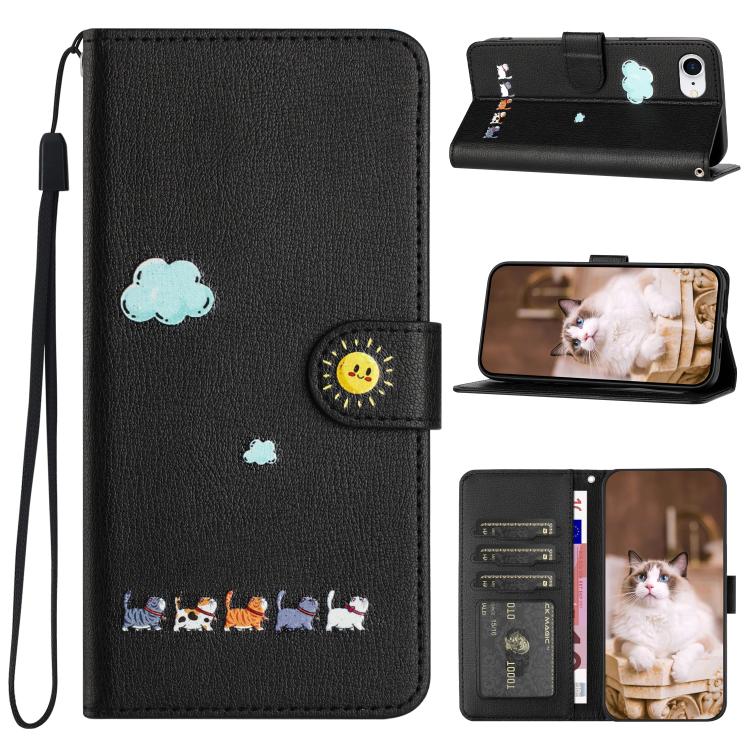 For iPhone 16e Cartoon Cats Leather Phone Case(Black) - iPhone 16e Cases by buy2fix | Online Shopping UK | buy2fix