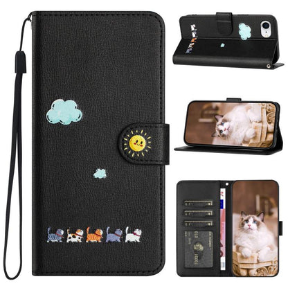 For iPhone 16e Cartoon Cats Leather Phone Case(Black) - iPhone 16e Cases by buy2fix | Online Shopping UK | buy2fix