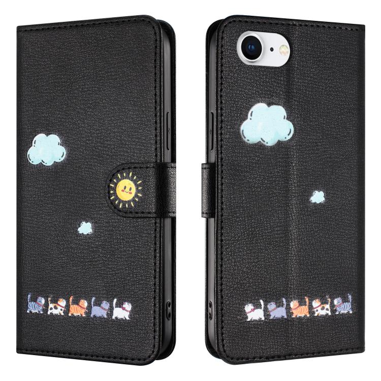 For iPhone 16e Cartoon Cats Leather Phone Case(Black) - iPhone 16e Cases by buy2fix | Online Shopping UK | buy2fix