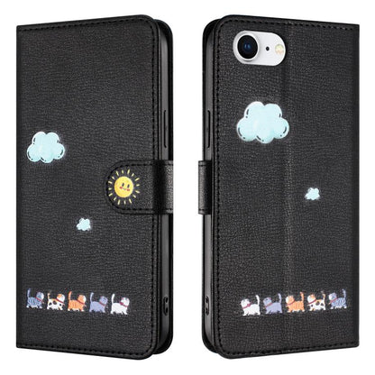For iPhone 16e Cartoon Cats Leather Phone Case(Black) - iPhone 16e Cases by buy2fix | Online Shopping UK | buy2fix