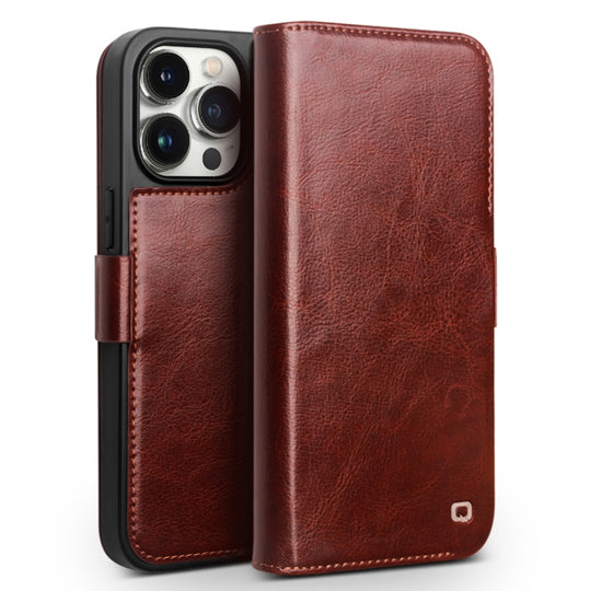 For iPhone 15 Pro Max QIALINO Classic 103 Buckle Genuine Leather Phone Case(Brown)