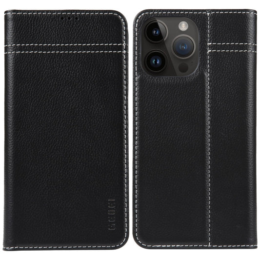 For iPhone 15 Pro GEBEI Top-grain Horizontal Flip Leather Phone Case(Black) - iPhone 15 Pro Cases by GEBEI | Online Shopping UK | buy2fix