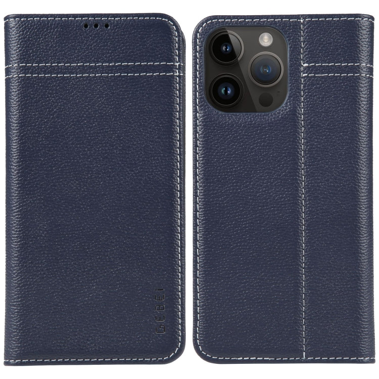 For iPhone 15 Pro GEBEI Top-grain Horizontal Flip Leather Phone Case(Blue) - iPhone 15 Pro Cases by GEBEI | Online Shopping UK | buy2fix