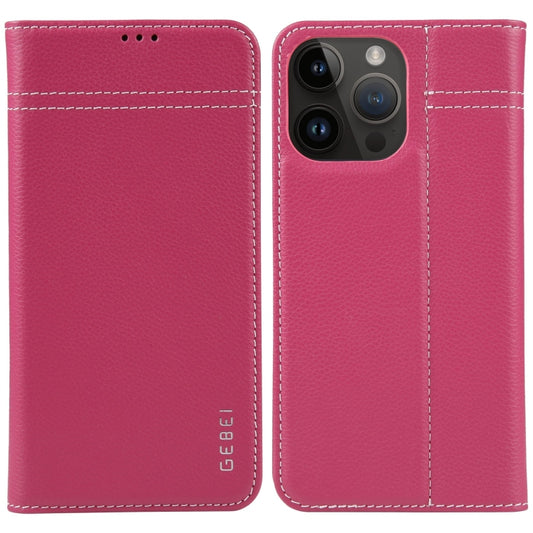For iPhone 15 Pro GEBEI Top-grain Horizontal Flip Leather Phone Case(Rose Red) - iPhone 15 Pro Cases by GEBEI | Online Shopping UK | buy2fix