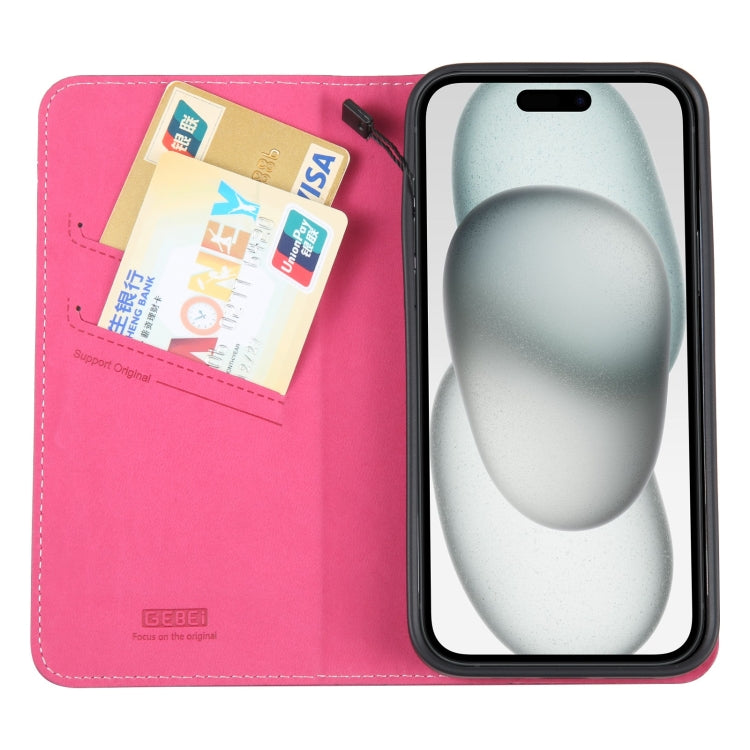 For iPhone 15 Plus GEBEI Top-grain Horizontal Flip Leather Phone Case(Rose Red) - iPhone 15 Plus Cases by GEBEI | Online Shopping UK | buy2fix
