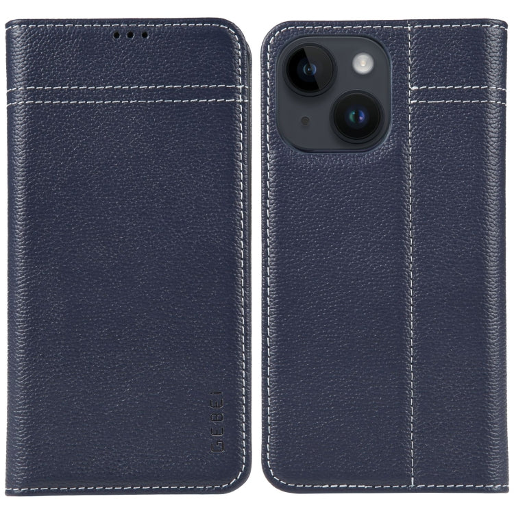 For iPhone 15 GEBEI Top-grain Horizontal Flip Leather Phone Case(Blue) - iPhone 15 Cases by GEBEI | Online Shopping UK | buy2fix