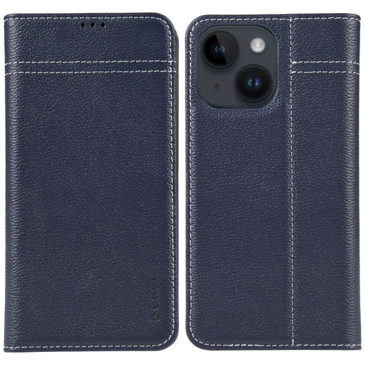 For iPhone 15 GEBEI Top-grain Horizontal Flip Leather Phone Case(Blue) - iPhone 15 Cases by GEBEI | Online Shopping UK | buy2fix