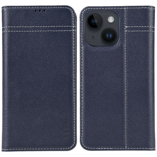 For iPhone 15 GEBEI Top-grain Horizontal Flip Leather Phone Case(Blue)
