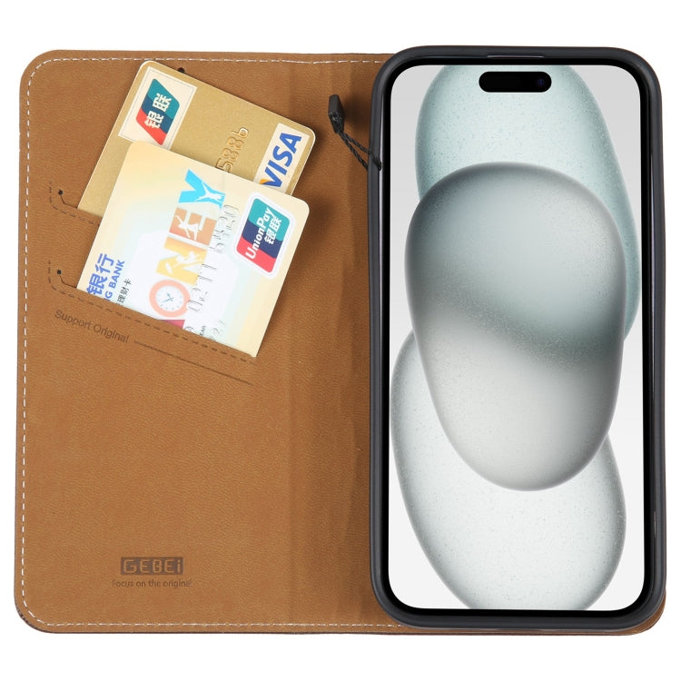 For iPhone 15 GEBEI Top-grain Horizontal Flip Leather Phone Case(Brown) - iPhone 15 Cases by GEBEI | Online Shopping UK | buy2fix